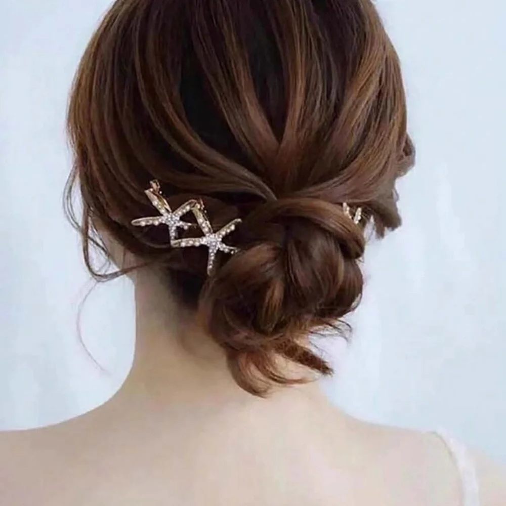 New 3pcs Starfish Gold White Pearl & Rhinestone 1.5